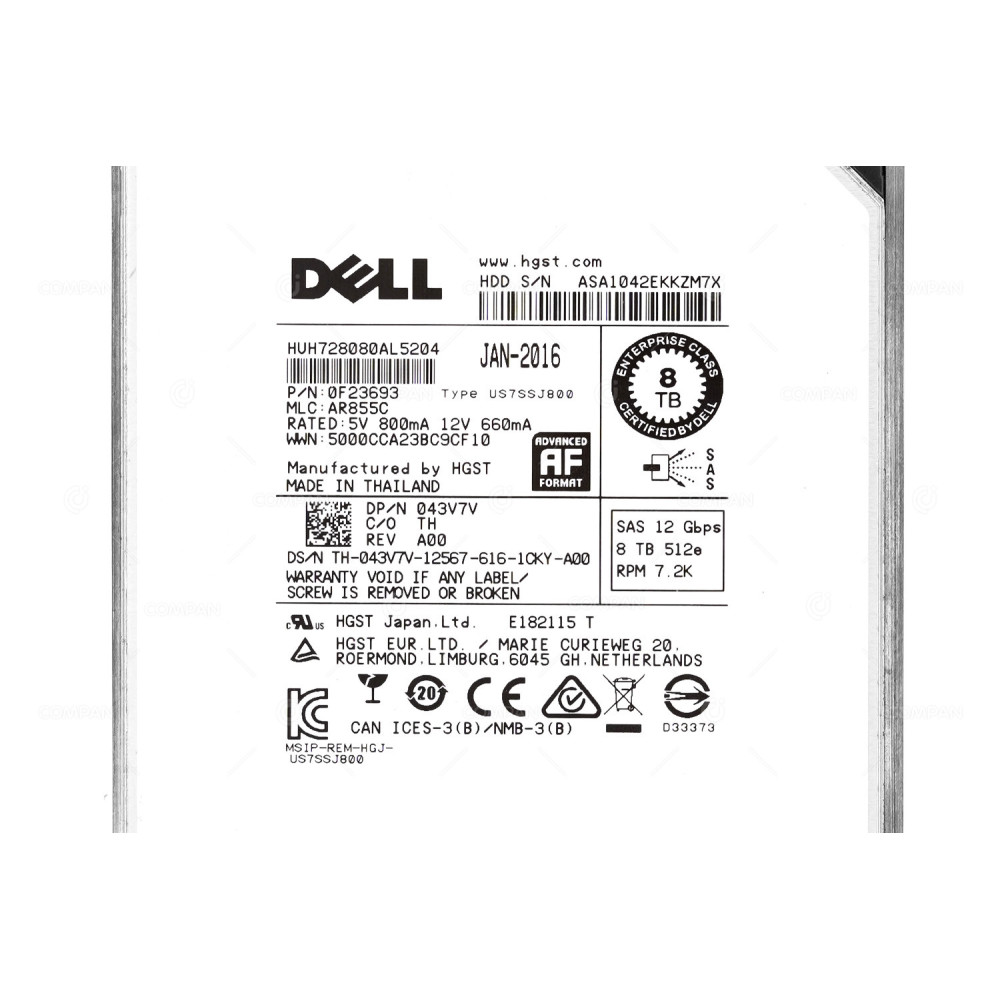 43V7V  DELL HDD 8TB 7.2K SAS 12G 3.5" LFF FOR DELL POWEREDGE G11 G12 G13